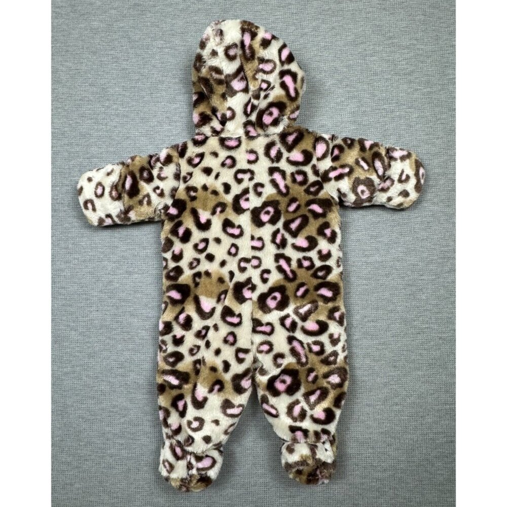 Baby Girls Leopard Print Faux Fur Hooded Bunting Suit 6/9M Satin Bow Lined - Picture 2 of 14